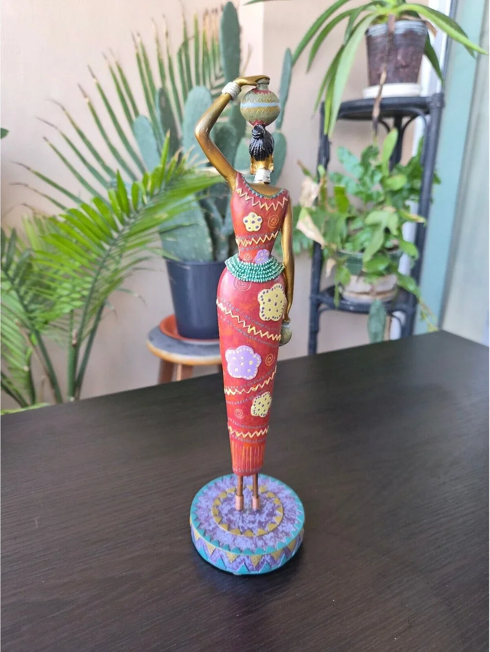 African Woman Water Carrier Figurine Hand Painted Tribal Art Statue